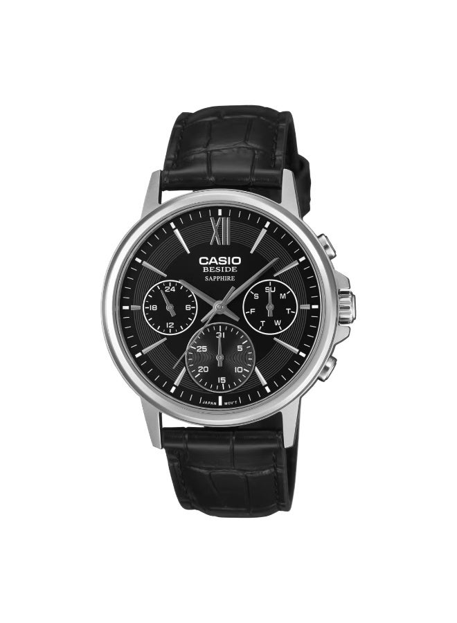Beside Analog Men's Watch BMS-300L-1AVDF, 46mm Black Dial, Black Leather Strap, 50 m WR